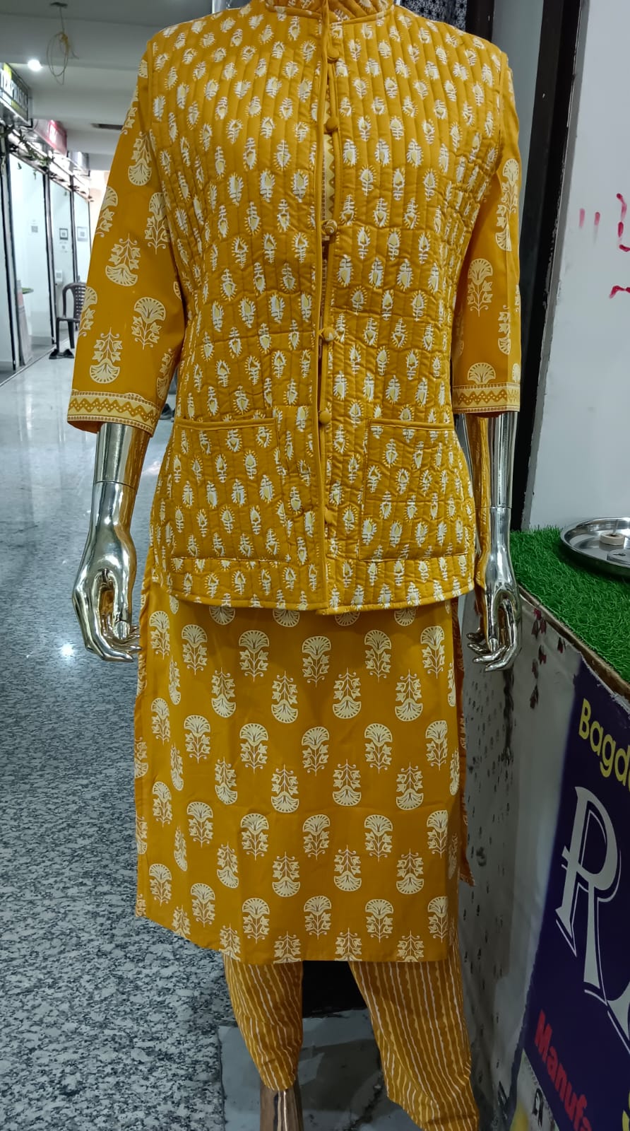 Sarisha Stunning Yellow Cotton Printed Long Kurti With Pant And Jacket Set