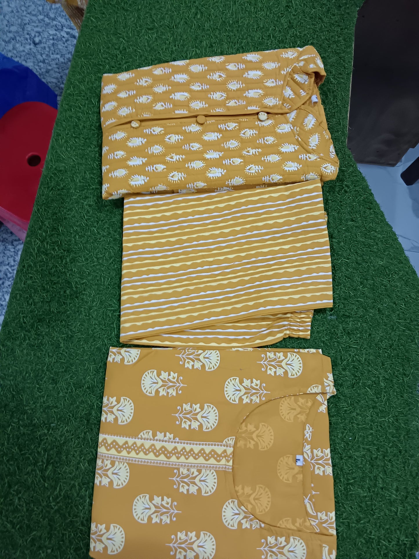 Sarisha Stunning Yellow Cotton Printed Long Kurti With Pant And Jacket Set