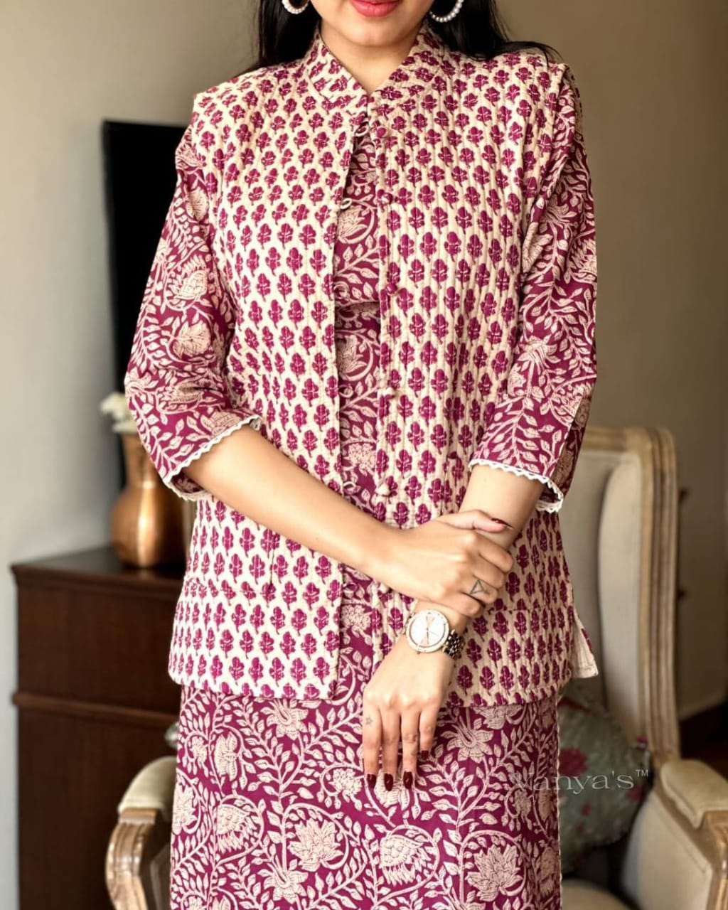 Yahvi Stunning Imperial Purple Cotton Printed Long Kurti With Pant And Jacket Set