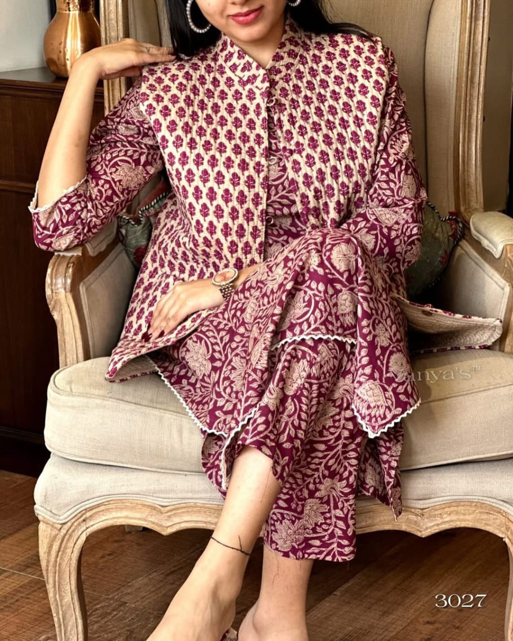 Yahvi Stunning Imperial Purple Cotton Printed Long Kurti With Pant And Jacket Set