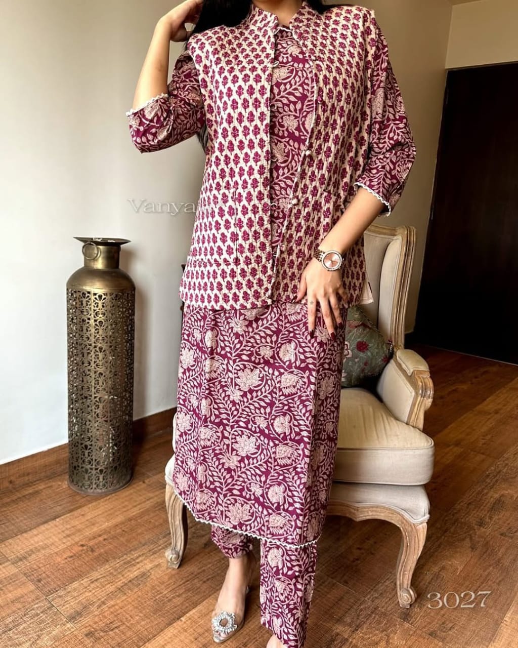 Yahvi Stunning Imperial Purple Cotton Printed Long Kurti With Pant And Jacket Set