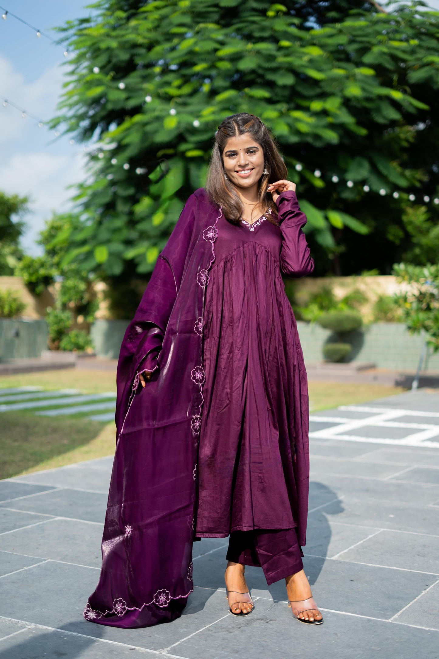 Adhisha Beautiful Floral Embroidery Pure Cotton Anarkali Kurta With Palazzos & Dupatta