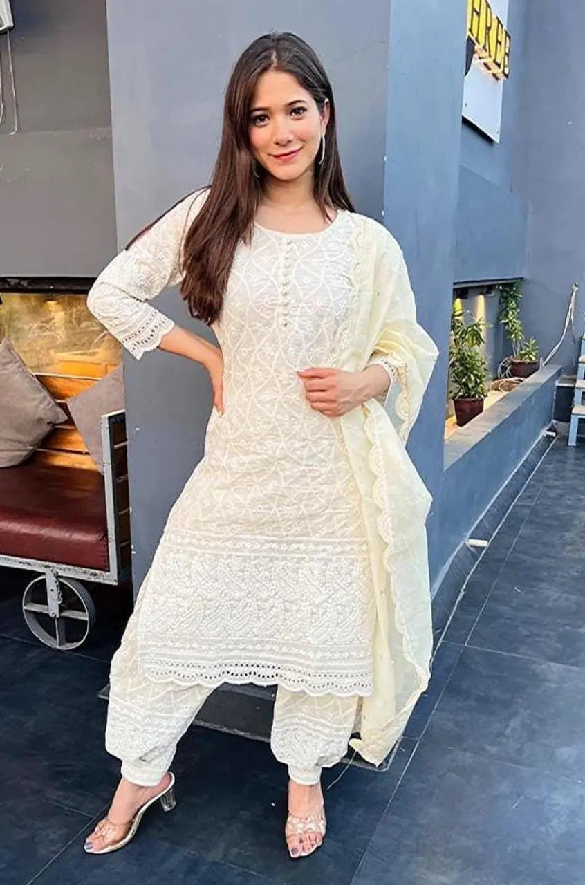 Mannat Embroidered Chikankari Straight Cotton Cream Kurti with Trousers & Dupatta Kurtisthan