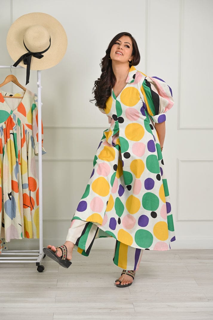 Bhavisha Quirky Prints Khadi cotton Midi Dress for Wedding and Festivals Kurtisthan