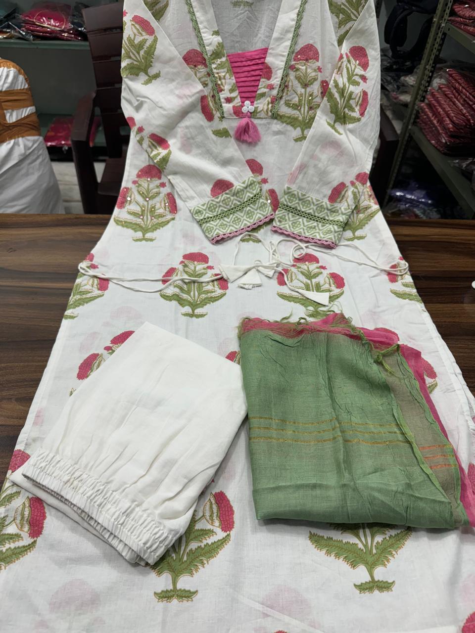 Malashri Beautiful Designer Floral Print Chanderi Cotton Suit set with Pant & Dupatta Kurtisthan