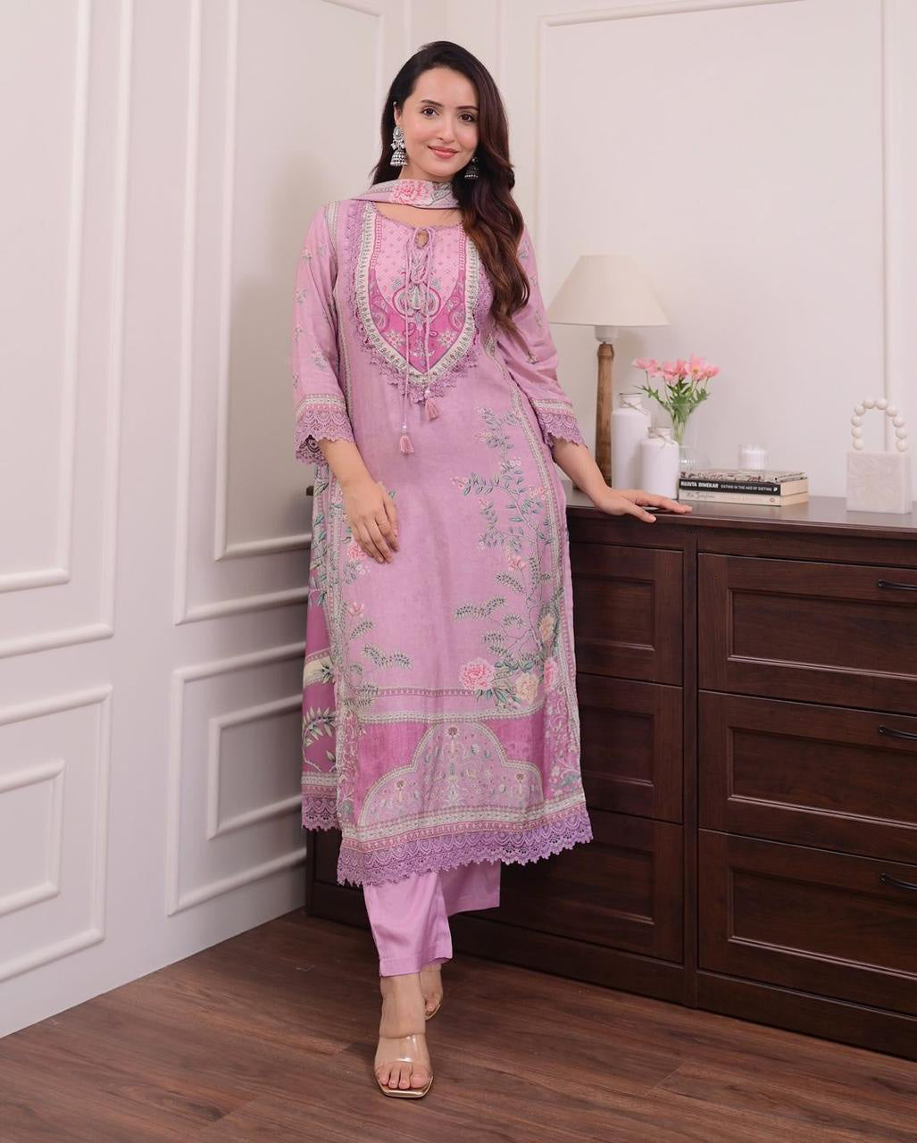 Saranya Floral Printed Design Work Lilac Muslin Pakistani Suit  with Trousers & Dupatta Kurtisthan