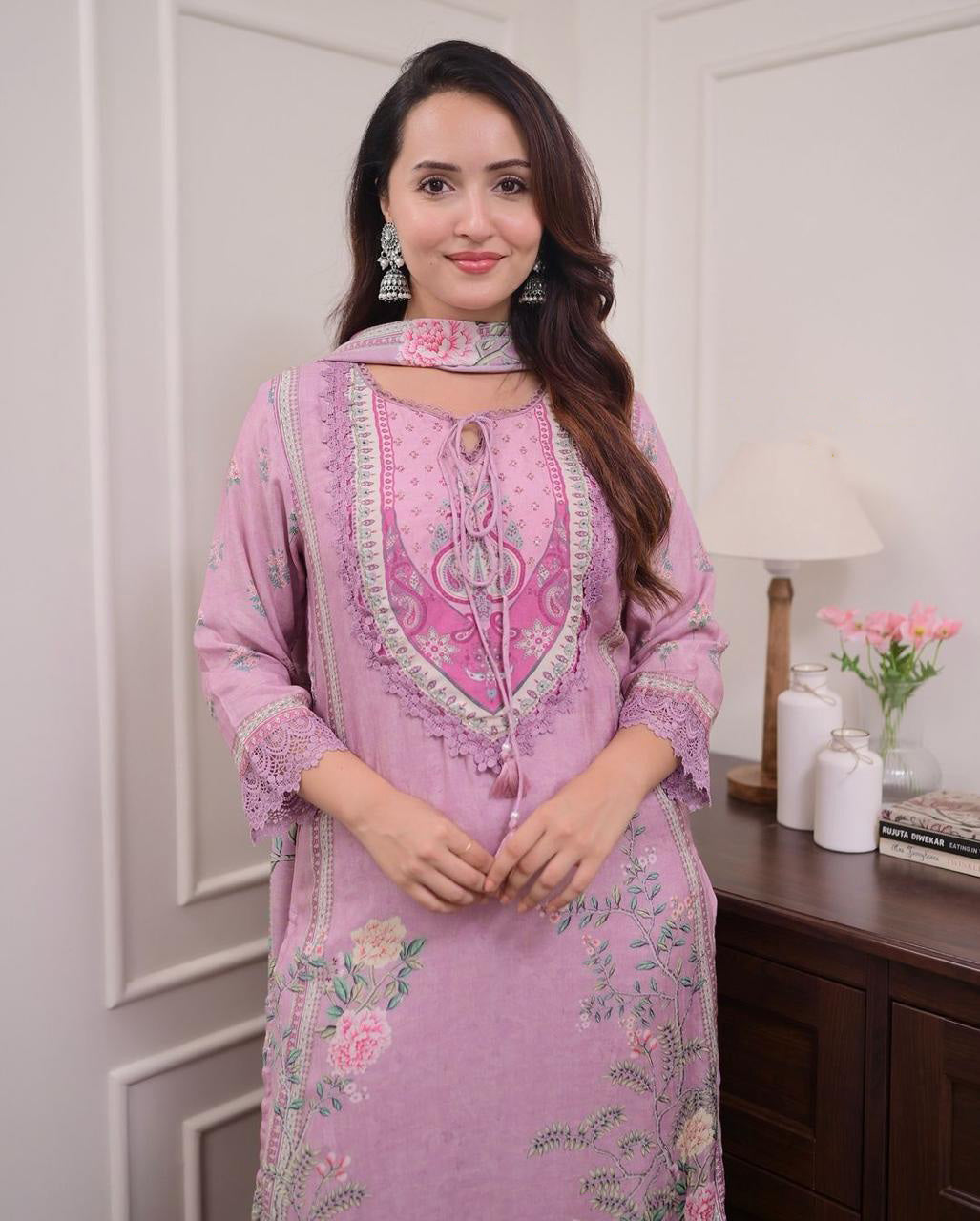 Saranya Floral Printed Design Work Lilac Muslin Pakistani Suit  with Trousers & Dupatta Kurtisthan