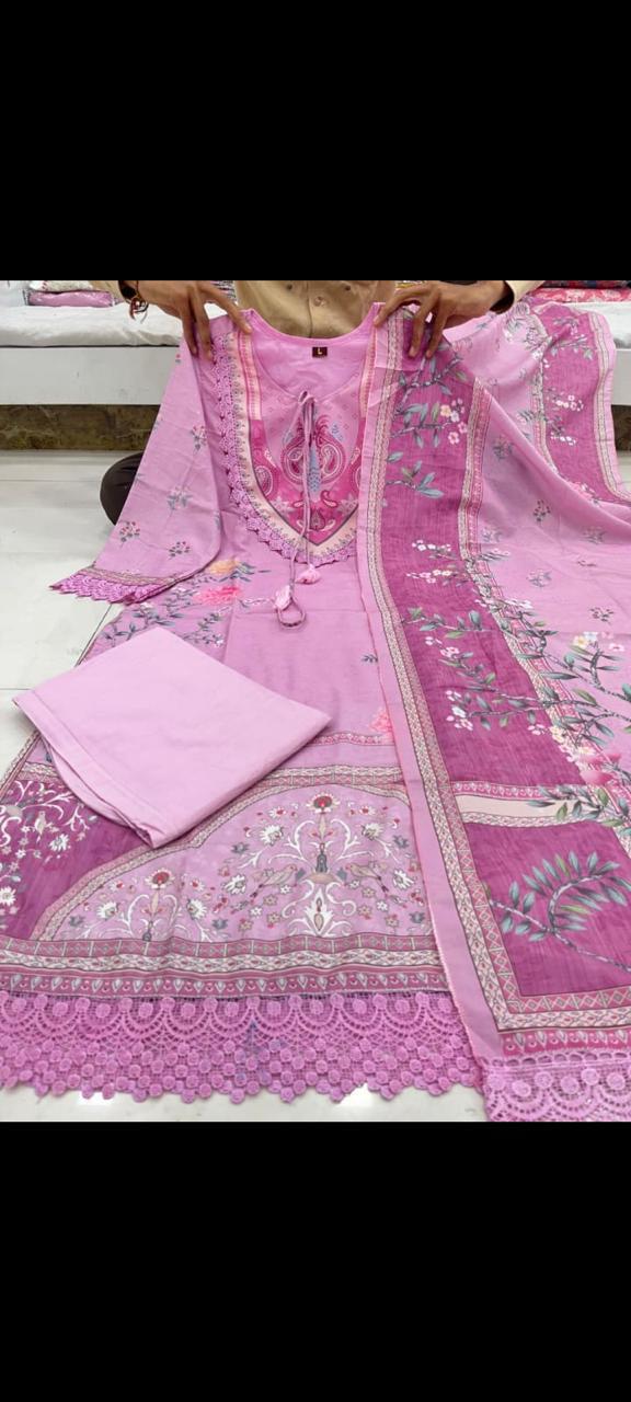 Saranya Floral Printed Design Work Lilac Muslin Pakistani Suit  with Trousers & Dupatta Kurtisthan