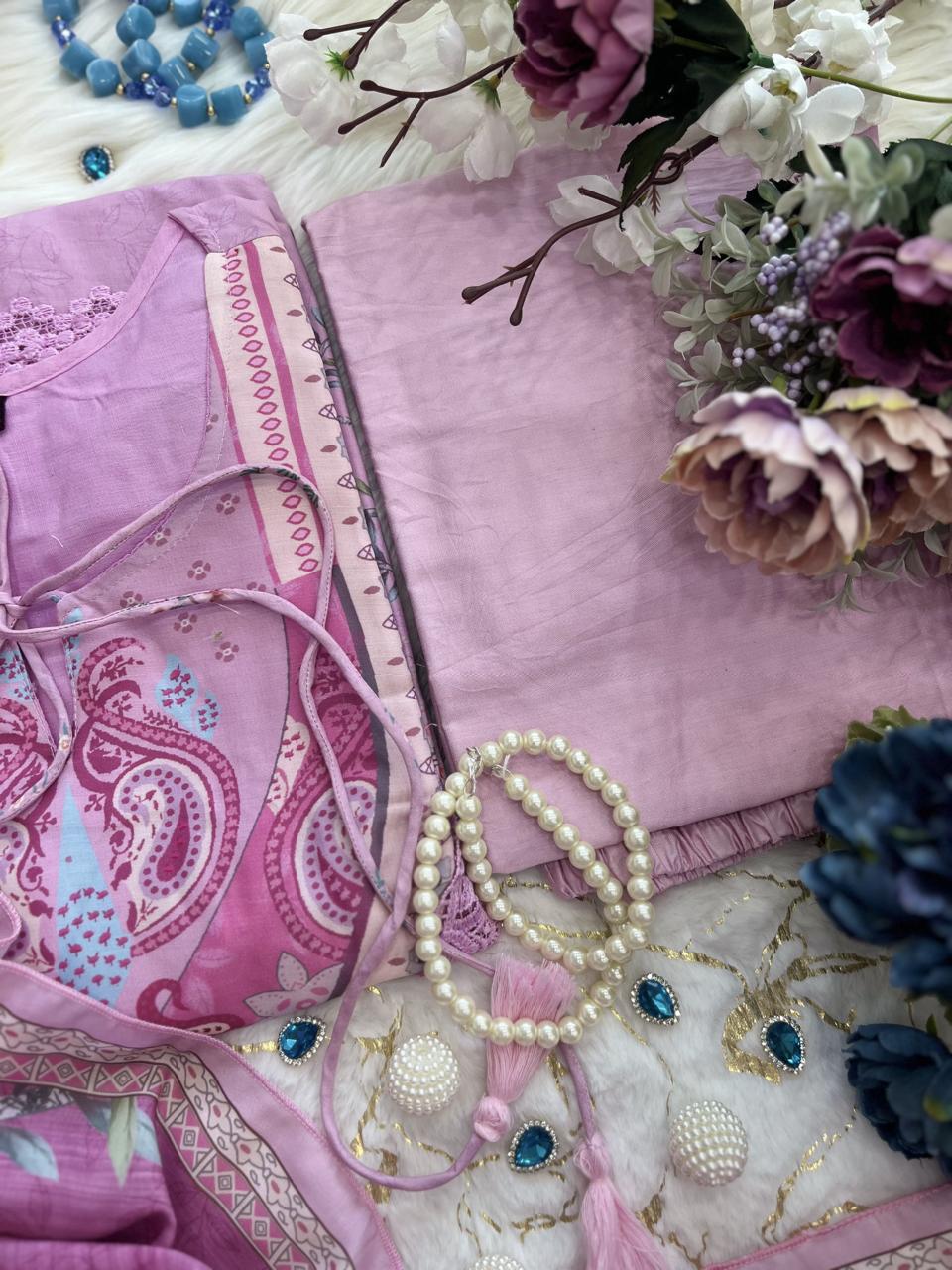 Saranya Floral Printed Design Work Lilac Muslin Pakistani Suit  with Trousers & Dupatta Kurtisthan