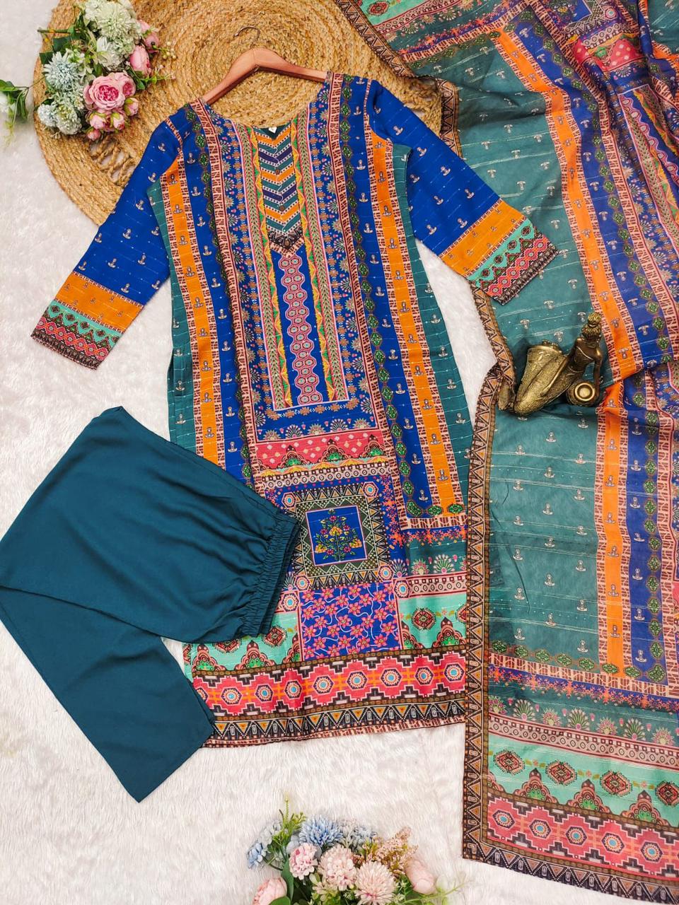 Aaradhya Blue Embroidery & Patchwork prints Handwork Muslin Suit with Trousers & Dupatta Kurtisthan