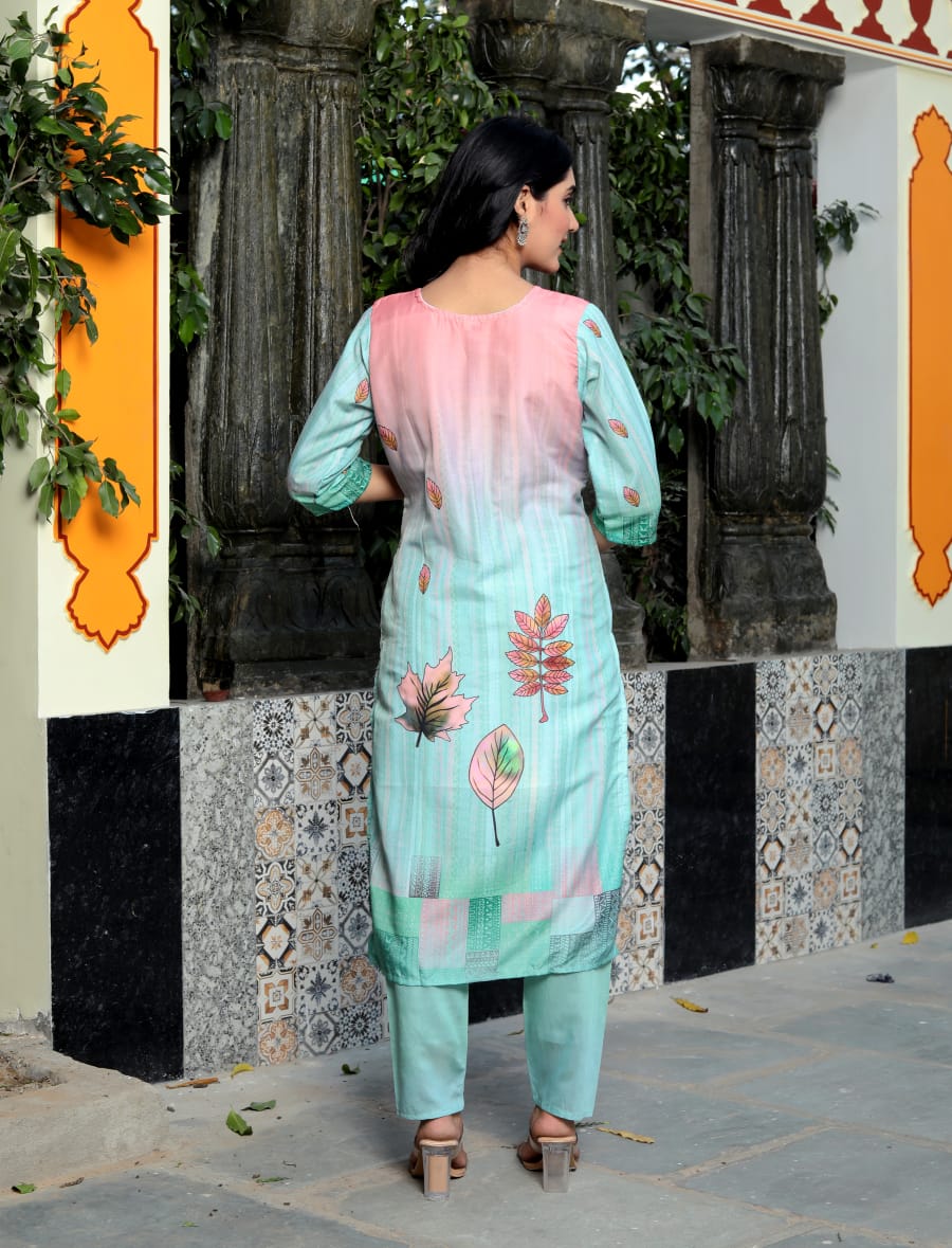 Tuhina Floral Printed Design Work Pure Cotton Straight Kurta with Trousers & Dupatta Kurtisthan