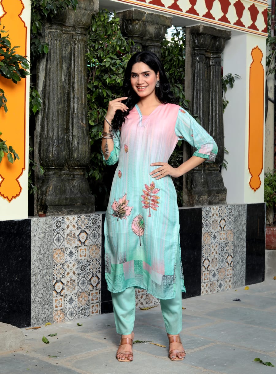 Tuhina Floral Printed Design Work Pure Cotton Straight Kurta with Trousers & Dupatta Kurtisthan