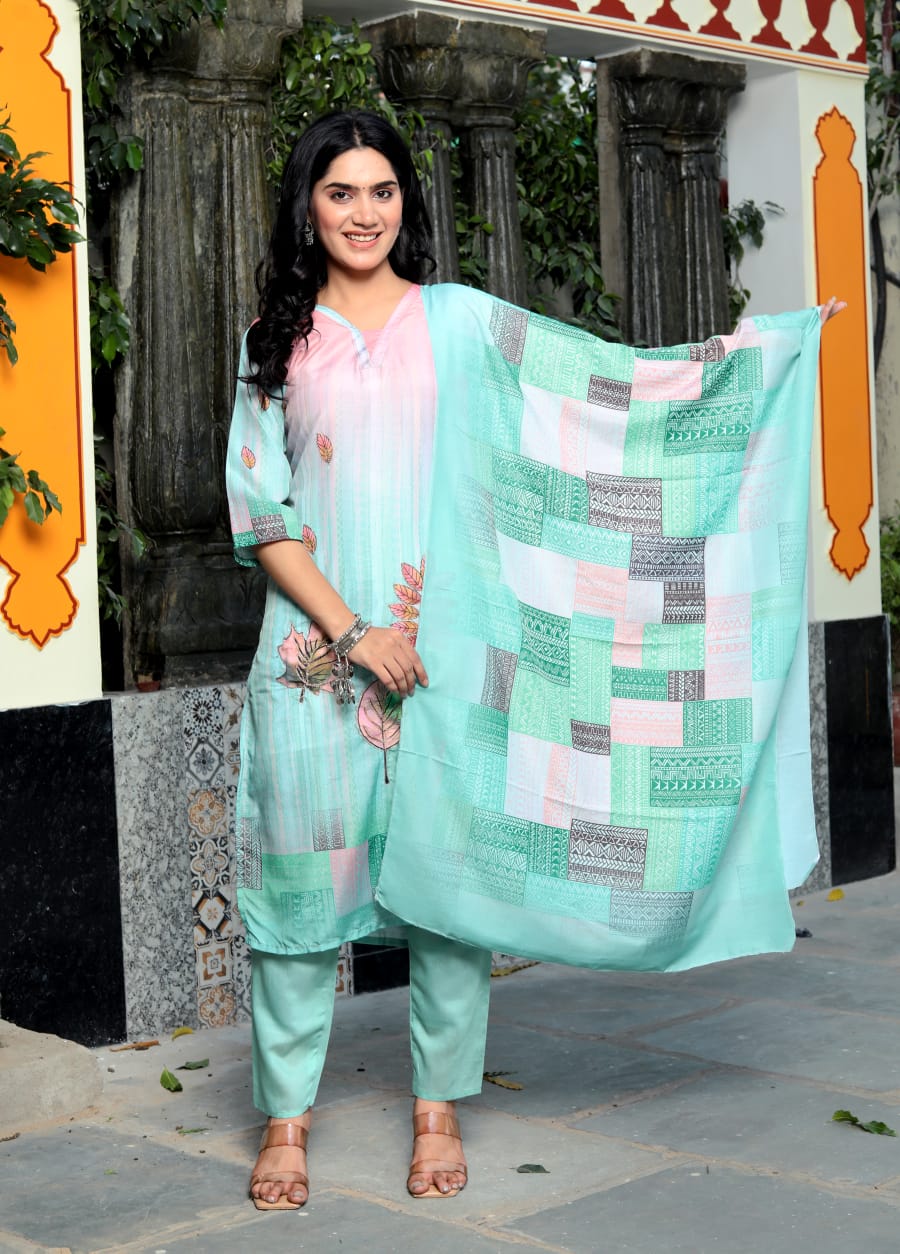 Tuhina Floral Printed Design Work Pure Cotton Straight Kurta with Trousers & Dupatta Kurtisthan