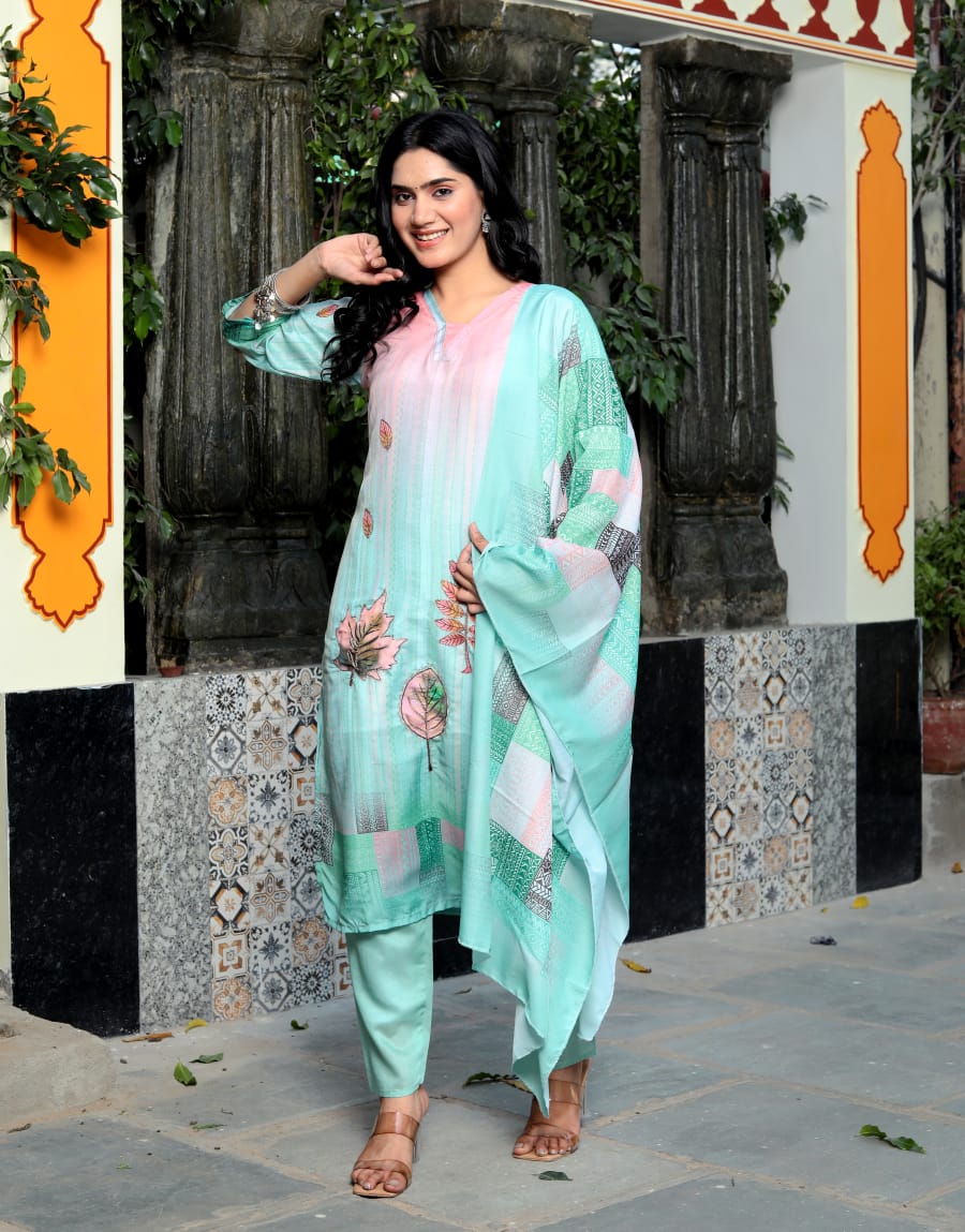 Tuhina Floral Printed Design Work Pure Cotton Straight Kurta with Trousers & Dupatta Kurtisthan