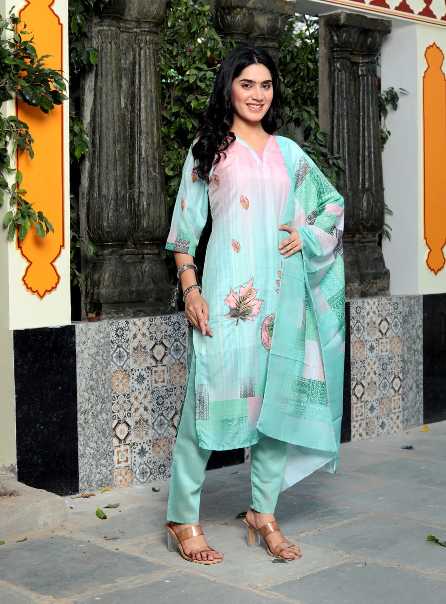 Tuhina Floral Printed Design Work Pure Cotton Straight Kurta with Trousers & Dupatta Kurtisthan