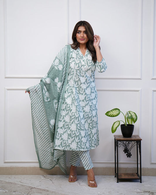 Prantika Floral Printed Design Work Pure Cotton Straight Kurta with Trousers & Dupatta Kurtisthan