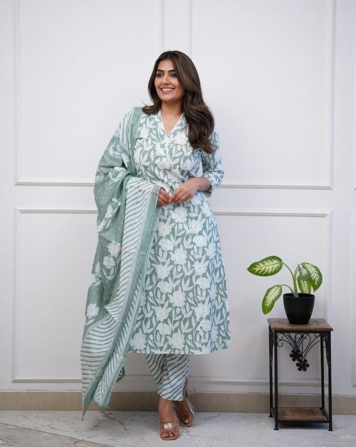 Prantika Floral Printed Design Work Pure Cotton Straight Kurta with Trousers & Dupatta Kurtisthan