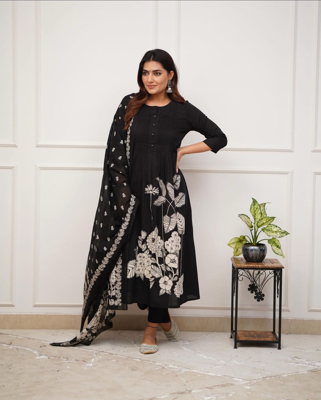 Jasmine Floral Printed Sequence Sitare Work Cotton Suit with Bottom and Dupatta Kurtisthan