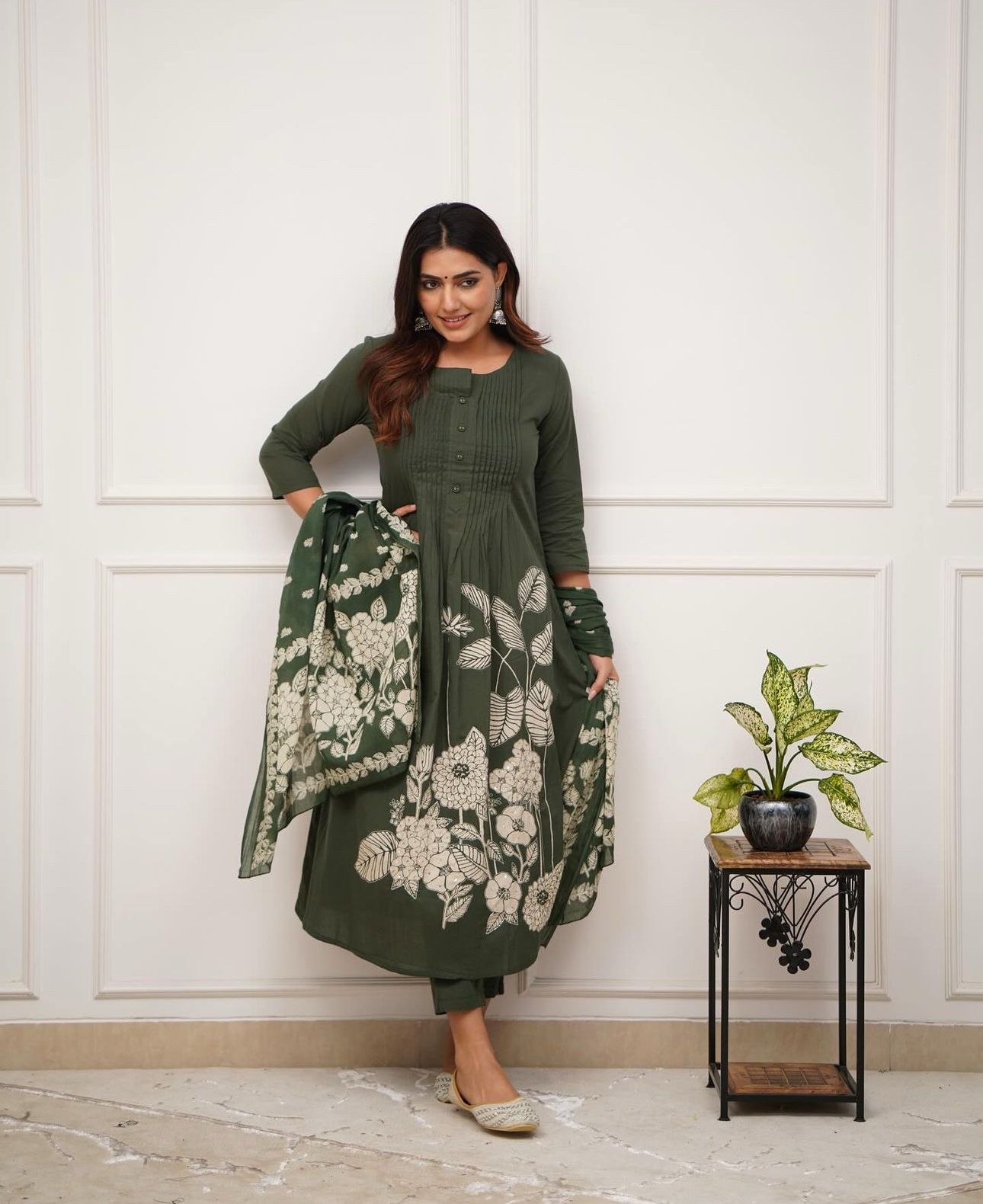 Jasmine Floral Printed Sequence Sitare Work Cotton Suit with Bottom and Dupatta Kurtisthan