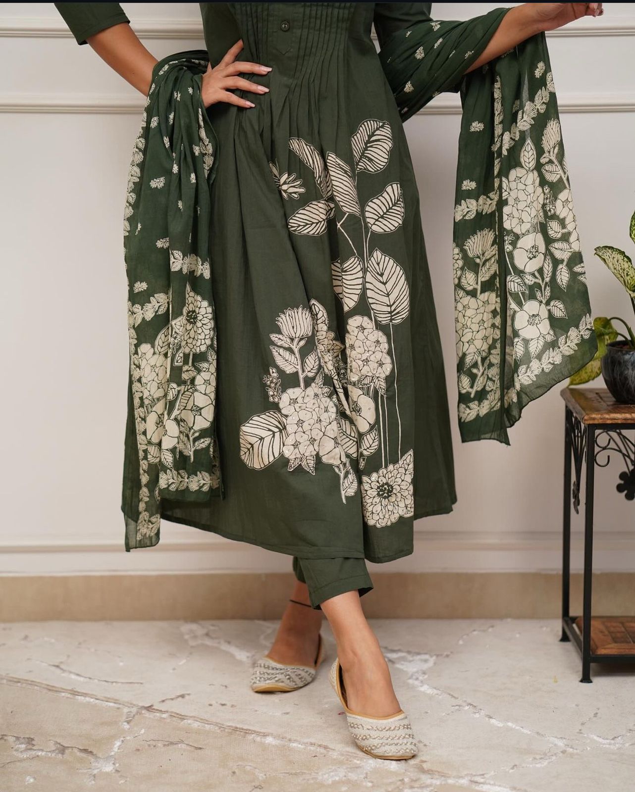 Jasmine Floral Printed Sequence Sitare Work Cotton Suit with Bottom and Dupatta Kurtisthan