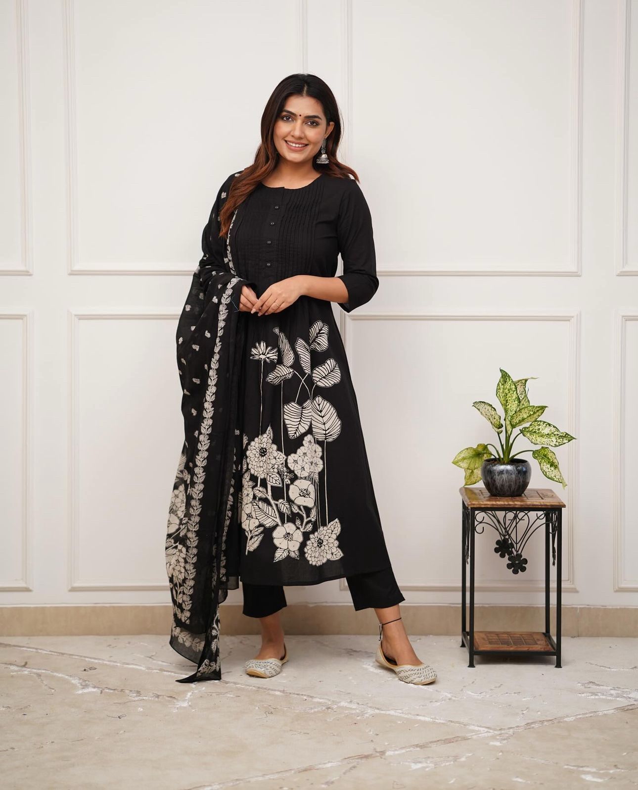 Jasmine Floral Printed Sequence Sitare Work Cotton Suit with Bottom and Dupatta Kurtisthan