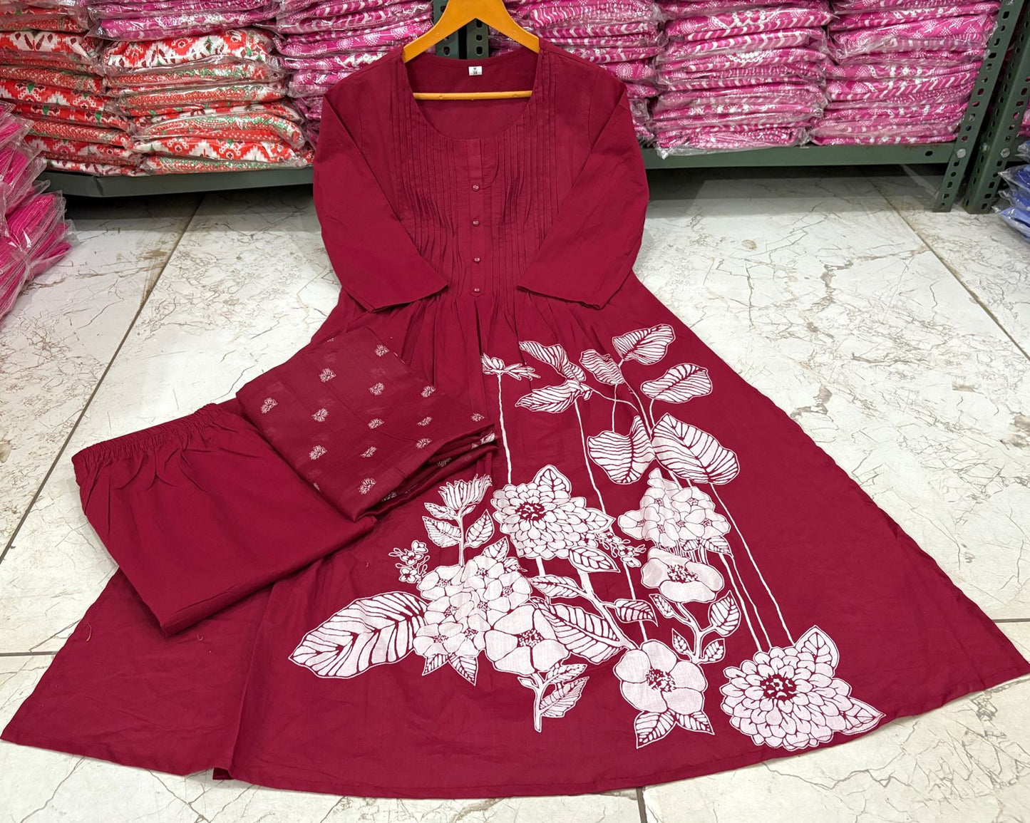 Jasmine Floral Printed Sequence Sitare Work Cotton Suit with Bottom and Dupatta Kurtisthan