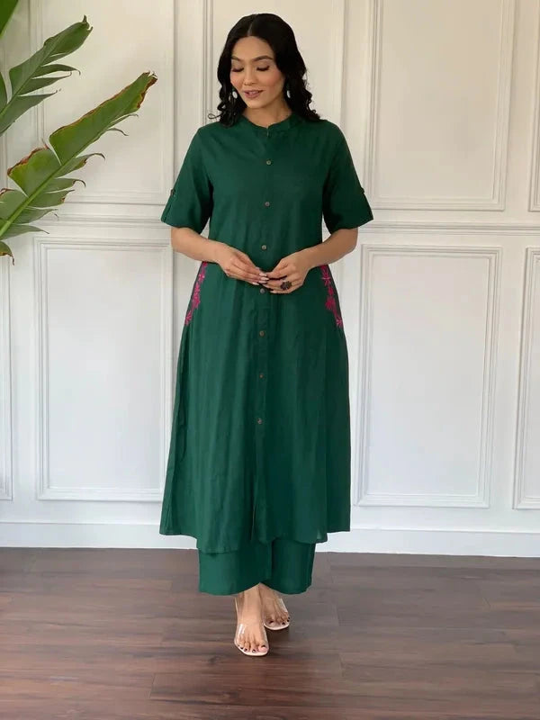 Pranita Dark Green Floral Embroidered South Cotton Kurta and Palazzo Set with two Side Pocket Kurtisthan