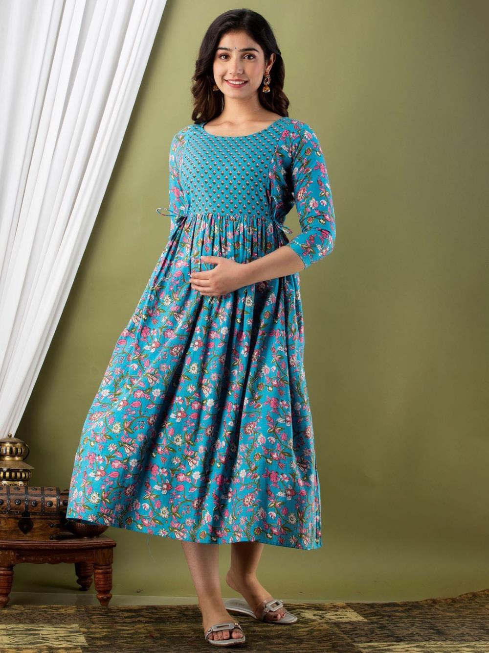 Pushti Stunning Floral Printed Round Neck Cotton Fit & Flare Maternity Midi Dress