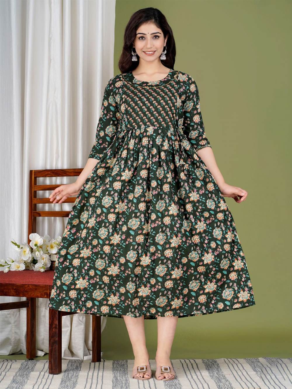 Pallavi Stunning Floral Printed Round Neck Cotton Fit & Flare Maternity Midi Dress