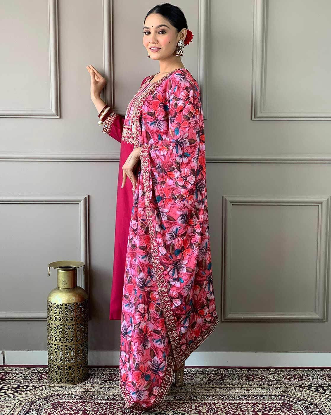 Ruhaani Floral Embroidered Design Work Chanderi Silk Kurta with Trousers & Dupatta Kurtisthan