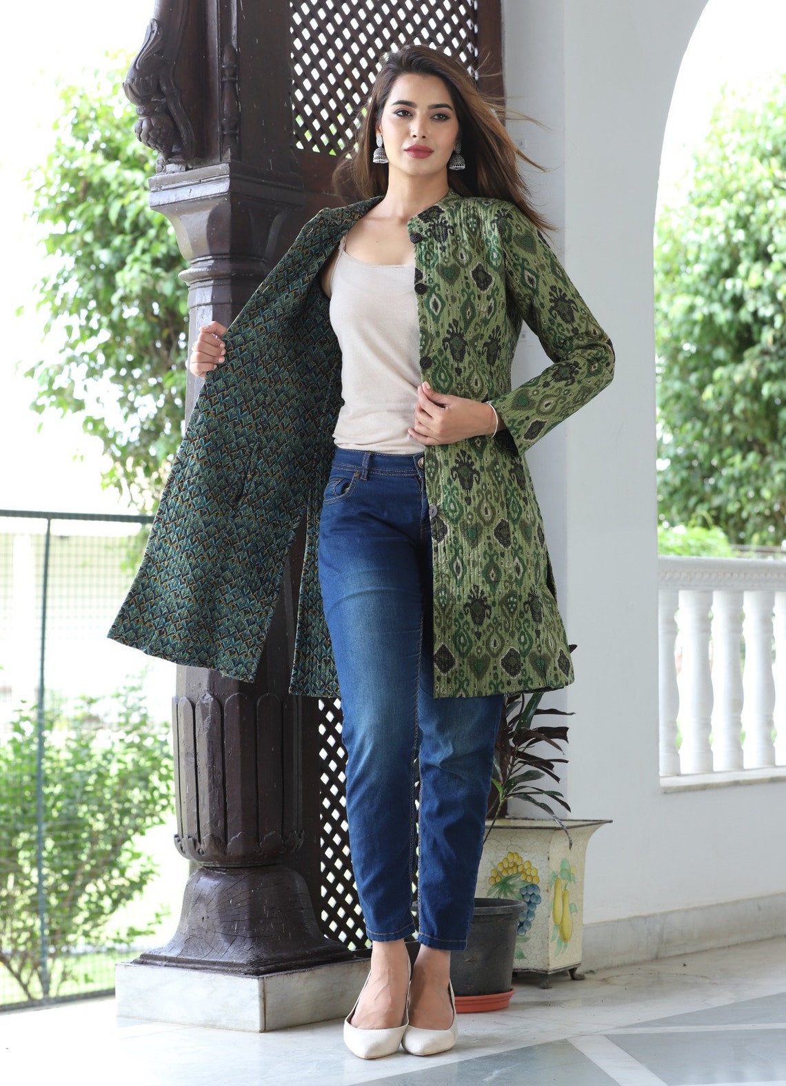 Reversible Cotton Printed Quilted Green Jacket for Women & Girls