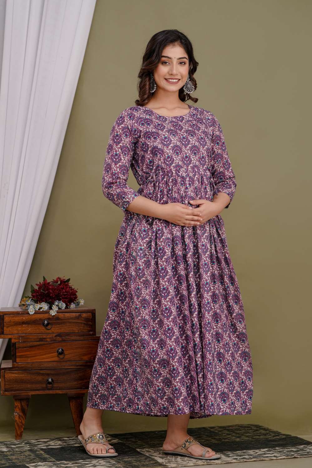 Ekanta Stunning Floral Printed Round Neck Cotton Fit & Flare Maternity Midi Dress