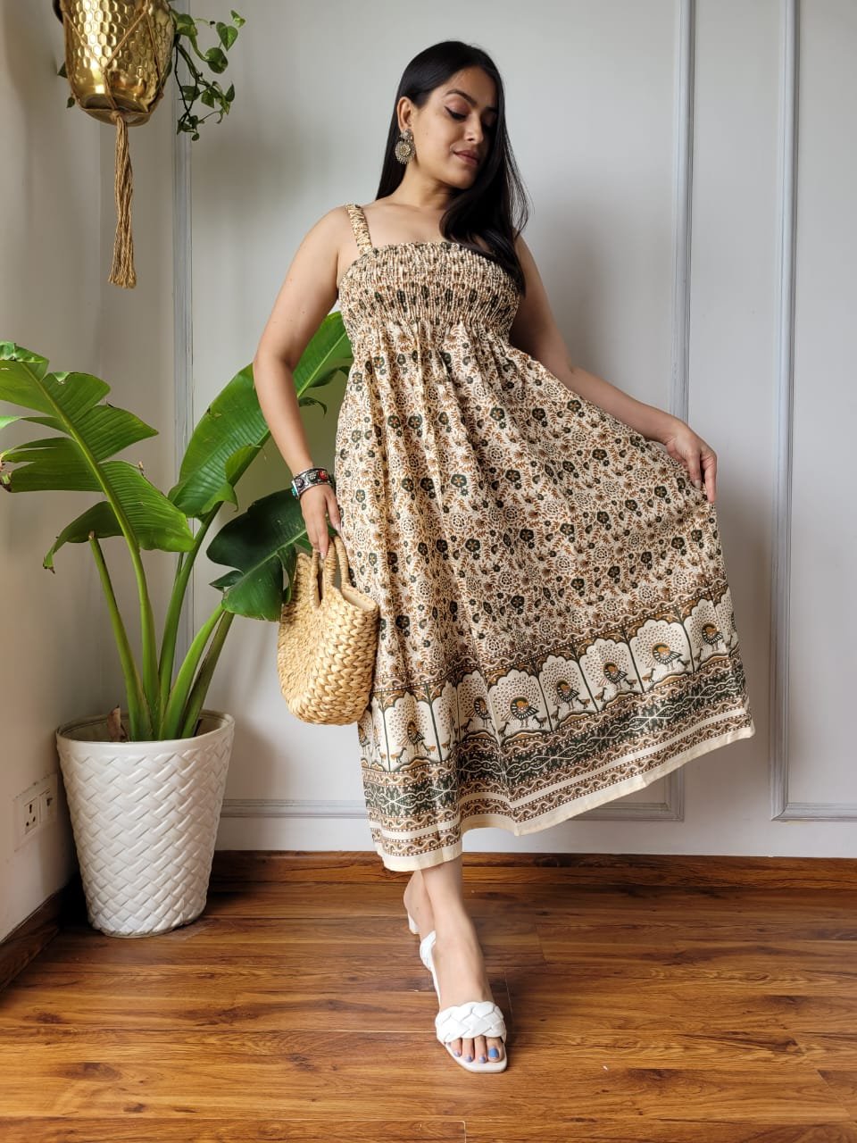 Ritika Brown Floral Indian Hand Block Printed Cotton Dress for Wedding and Festivals Kurtisthan