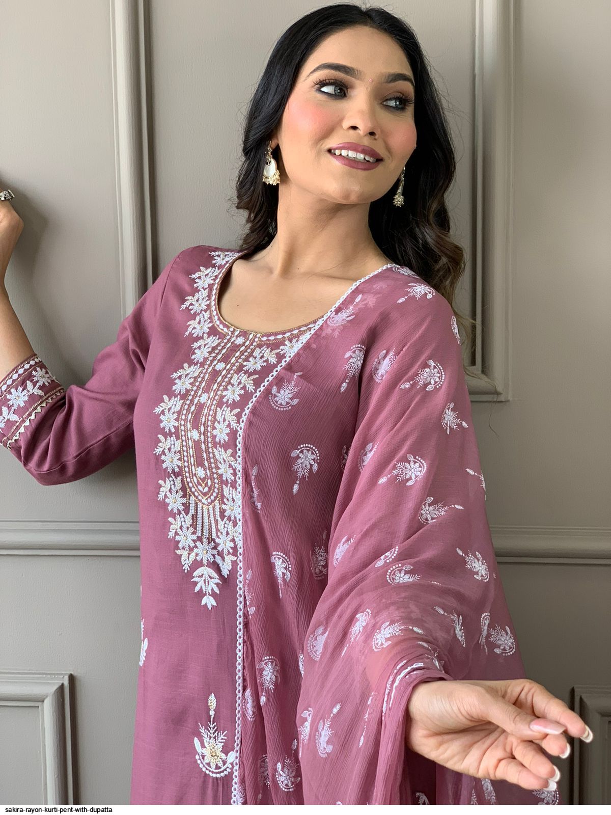 Anila Ethnic Floral Embroidered Rayon Fabric Suit Set With Foil Print Chiffon Dupatta Kurtisthan