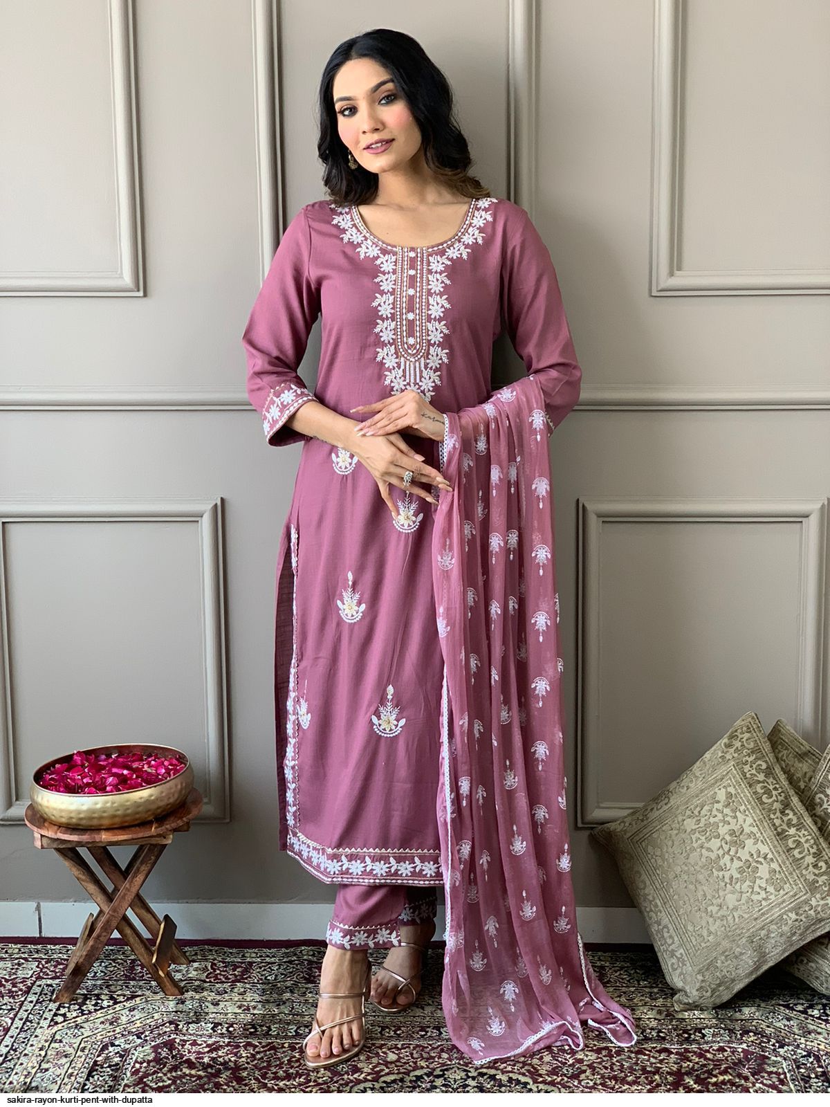 Anila Ethnic Floral Embroidered Rayon Fabric Suit Set With Foil Print Chiffon Dupatta Kurtisthan