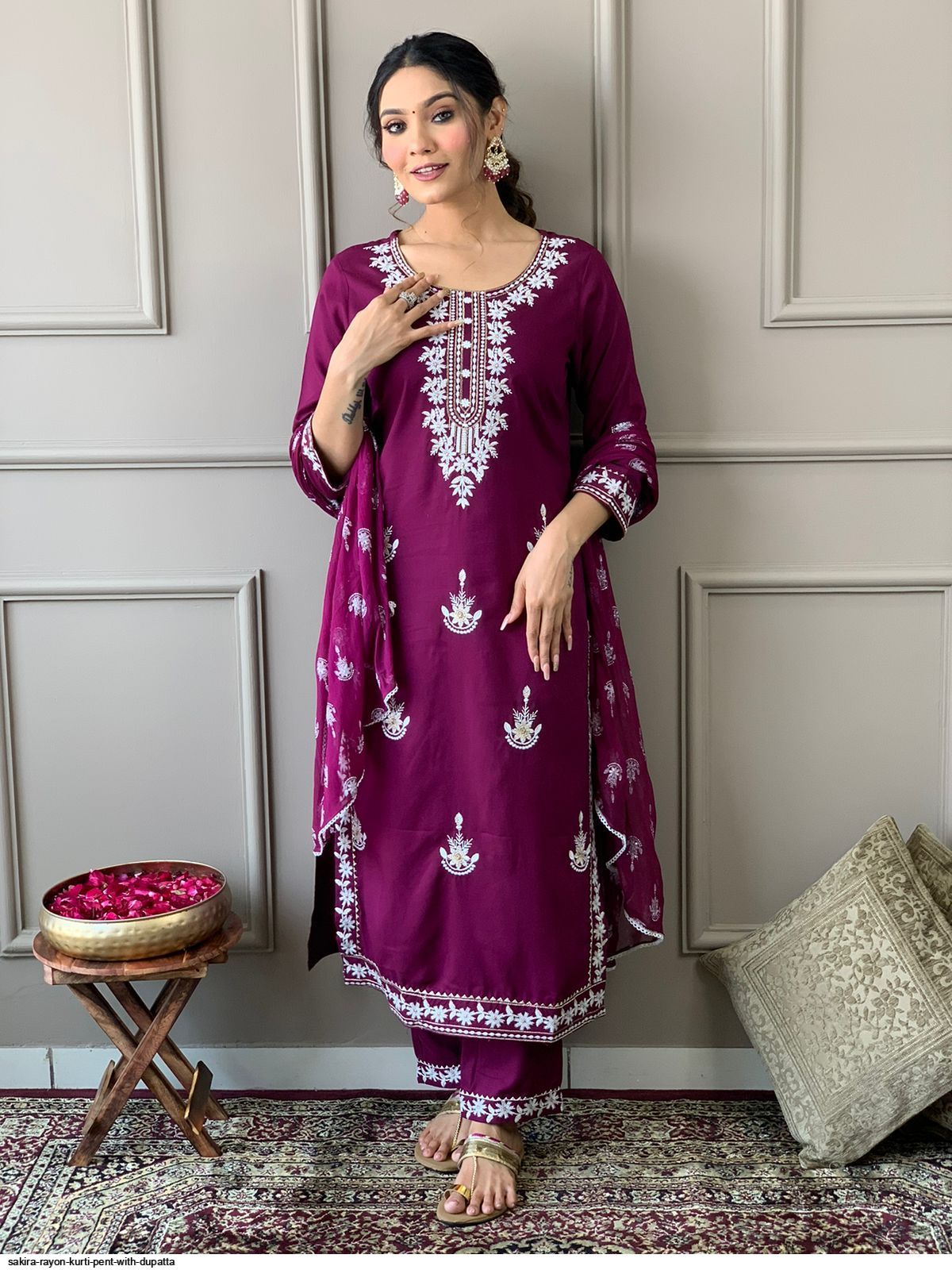 Anila Ethnic Floral Embroidered Rayon Fabric Suit Set With Foil Print Chiffon Dupatta Kurtisthan