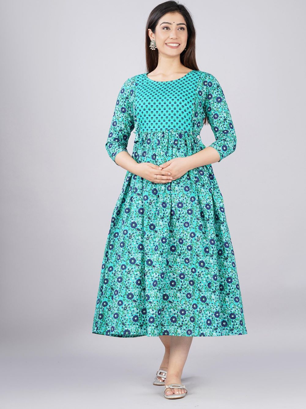 Omisha Stunning Floral Printed Round Neck Cotton Fit & Flare Maternity Midi Dress