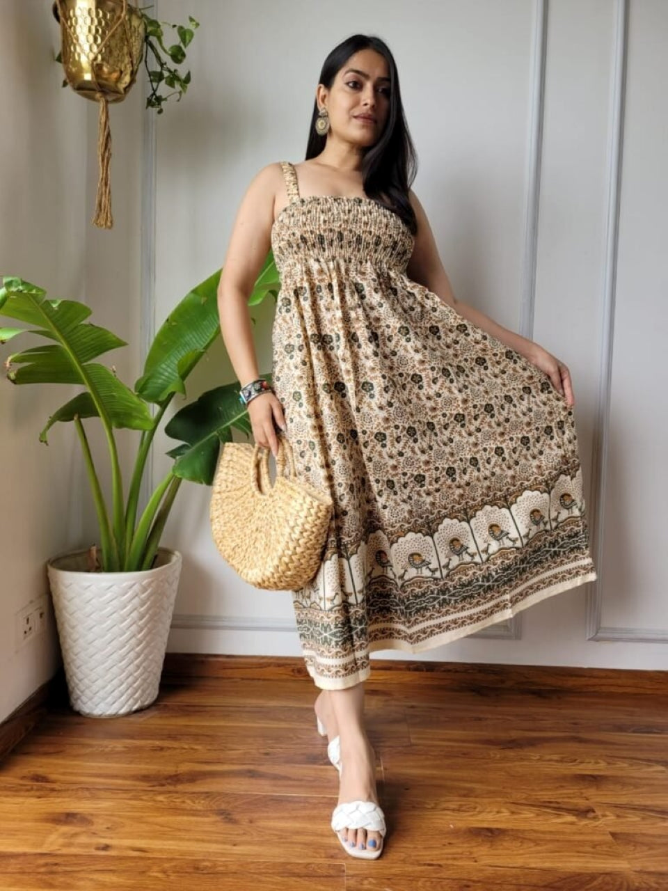 Ritika Brown Floral Indian Hand Block Printed Cotton Dress for Wedding and Festivals Kurtisthan