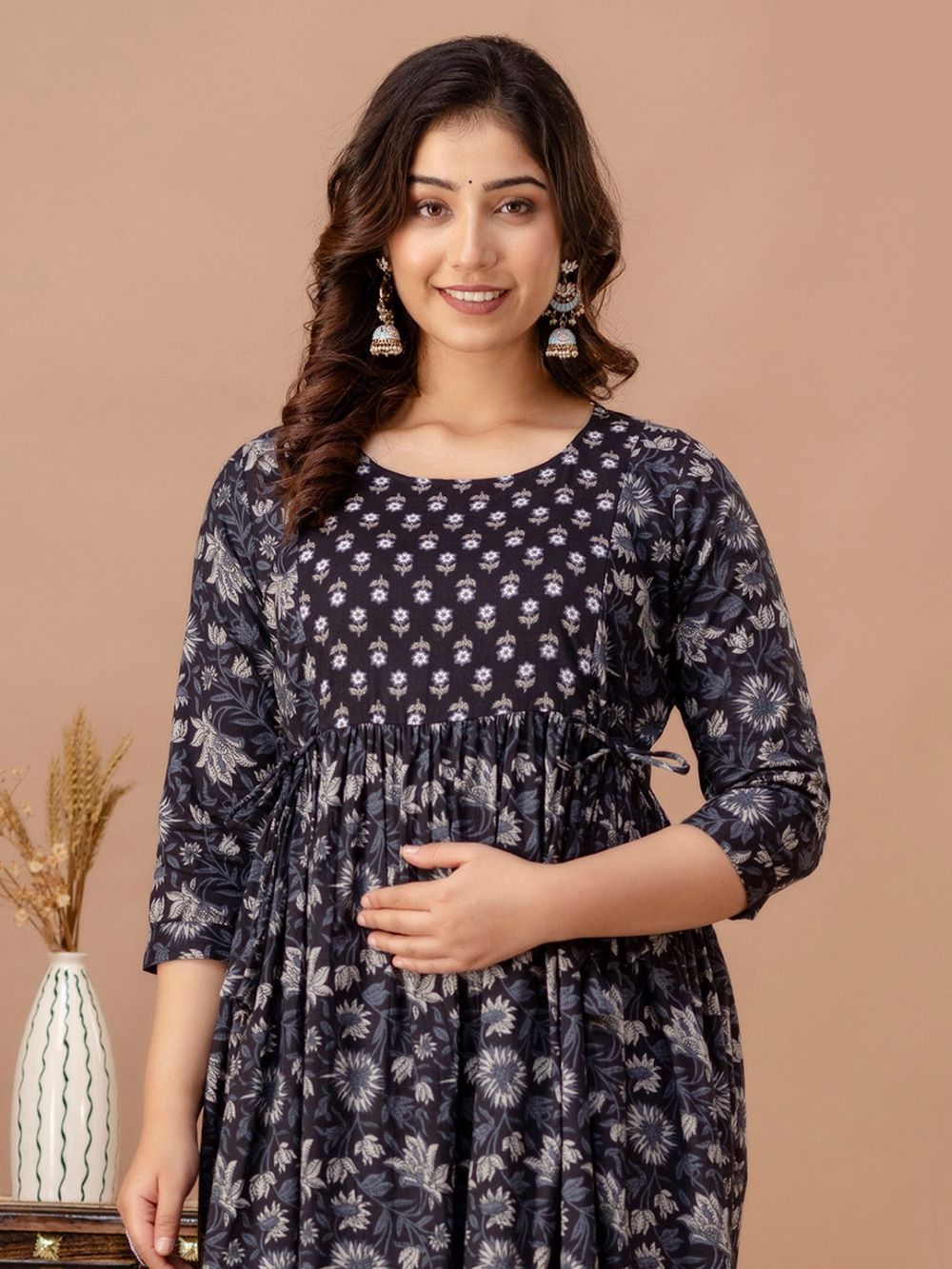 Saanvi Stunning Floral Printed Round Neck Cotton Fit & Flare Maternity Midi Dress