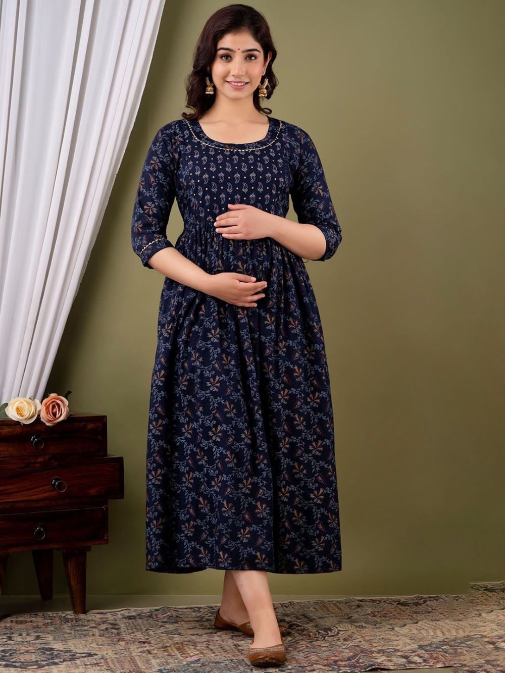 Gaurika Stunning Floral Printed Round Neck Cotton Fit & Flare Maternity Midi Dress