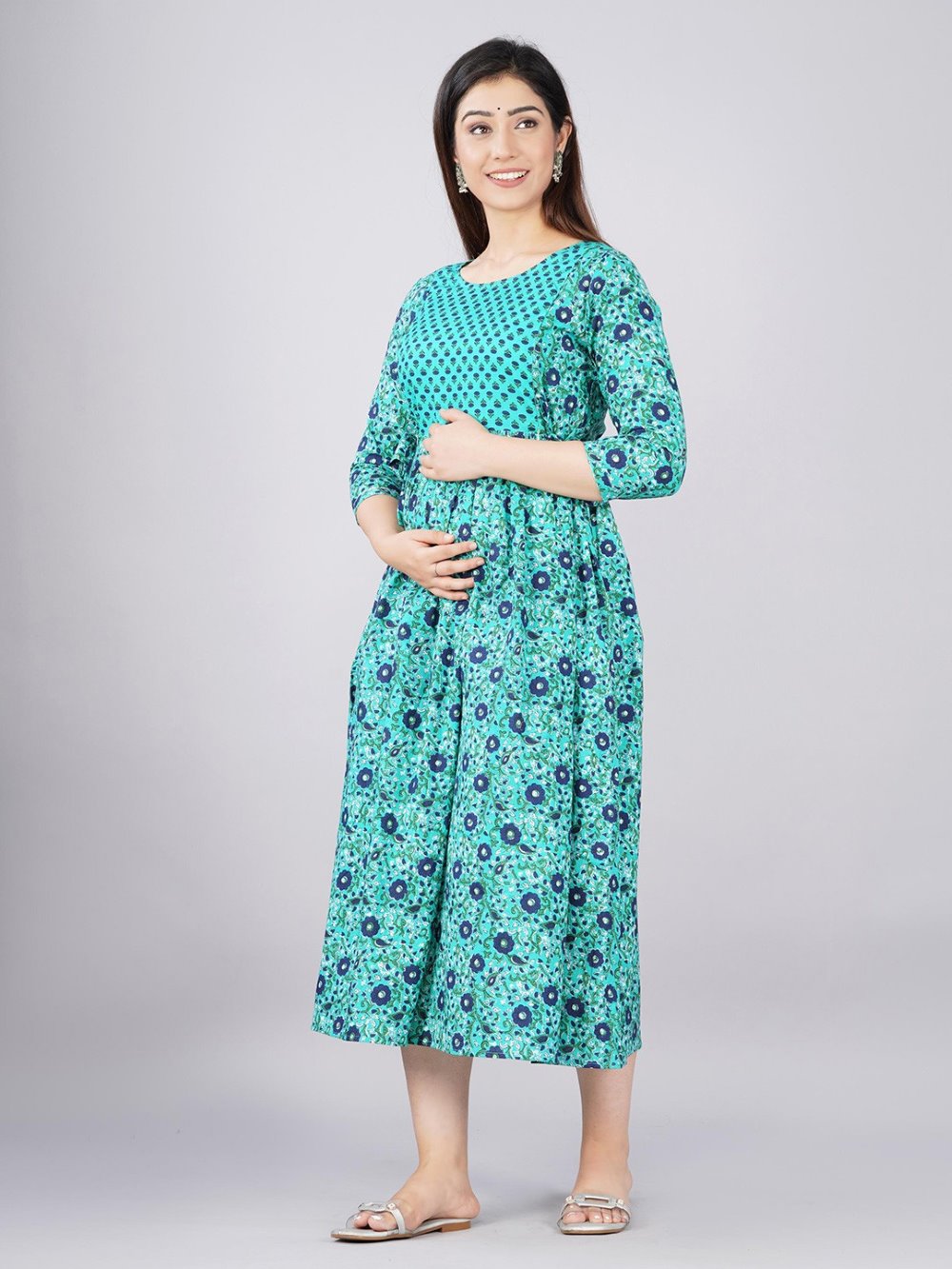 Omisha Stunning Floral Printed Round Neck Cotton Fit & Flare Maternity Midi Dress