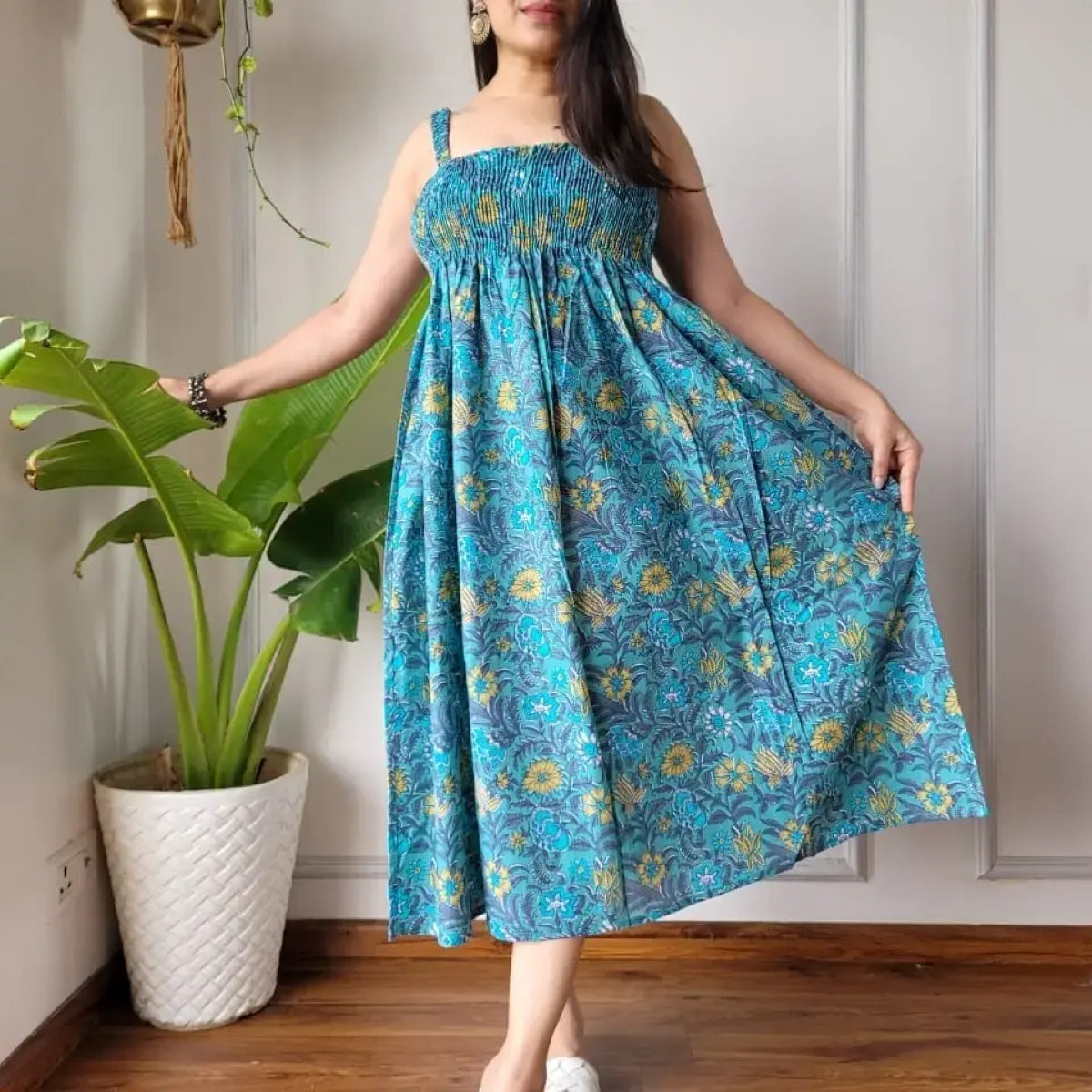 Kritika Wine Blue Floral Indian Hand Block Printed Cotton Dress for Wedding and Festivals Kurtisthan