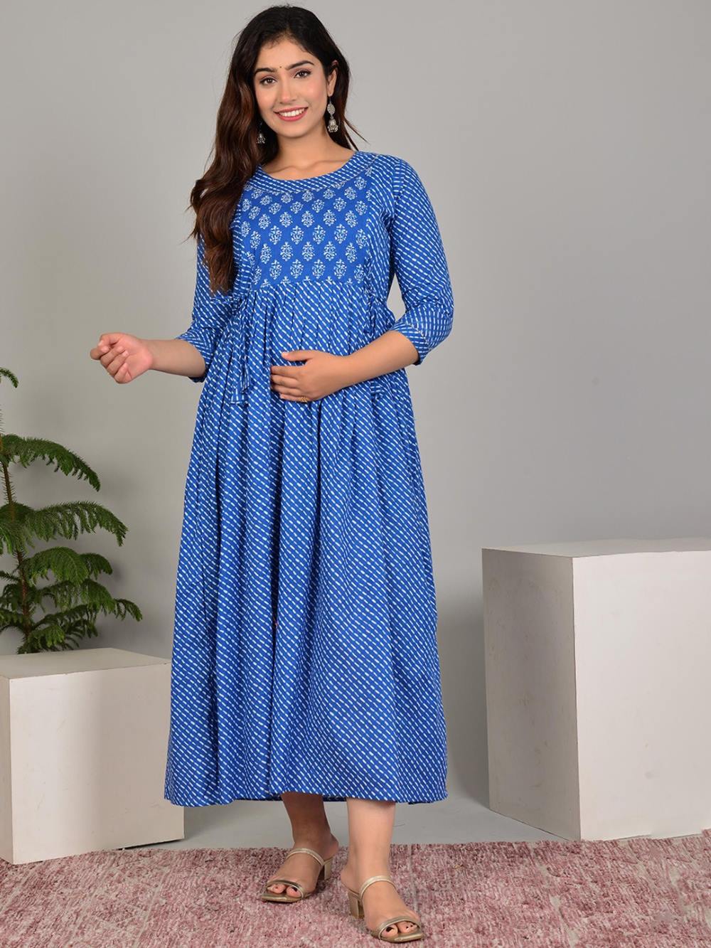 Nidra Stunning Floral Printed Round Neck Cotton Fit & Flare Maternity Midi Dress