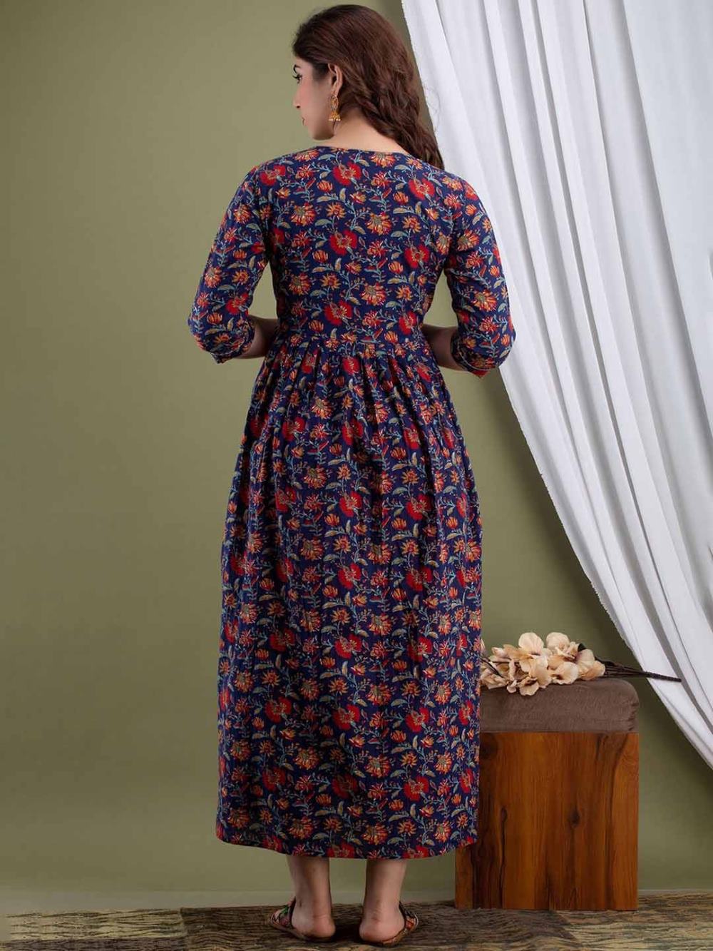 Lavanya Stunning Floral Printed Round Neck Cotton Fit & Flare Maternity Midi Dress