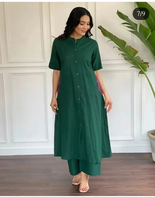 Pranita Dark Green Floral Embroidered South Cotton Kurta and Palazzo Set with two Side Pocket Kurtisthan