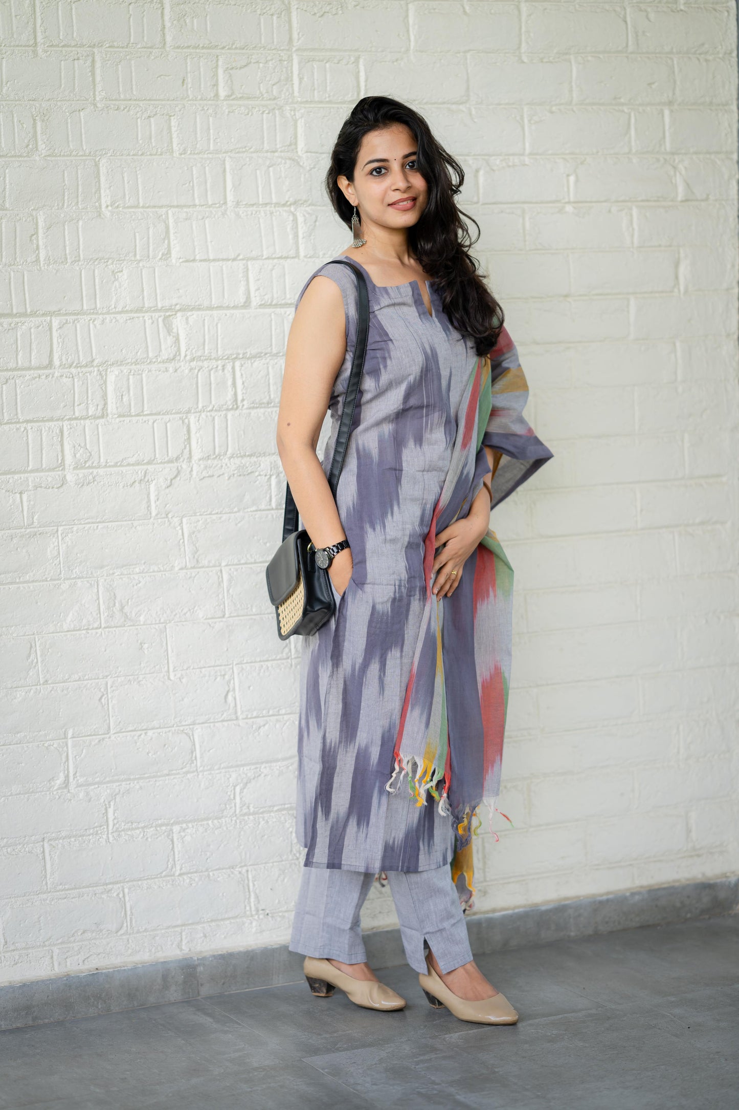 Kanya Beautiful Ikat Print Handloom Pure Cotton Suit set with Pant & Dupatta Kurtisthan