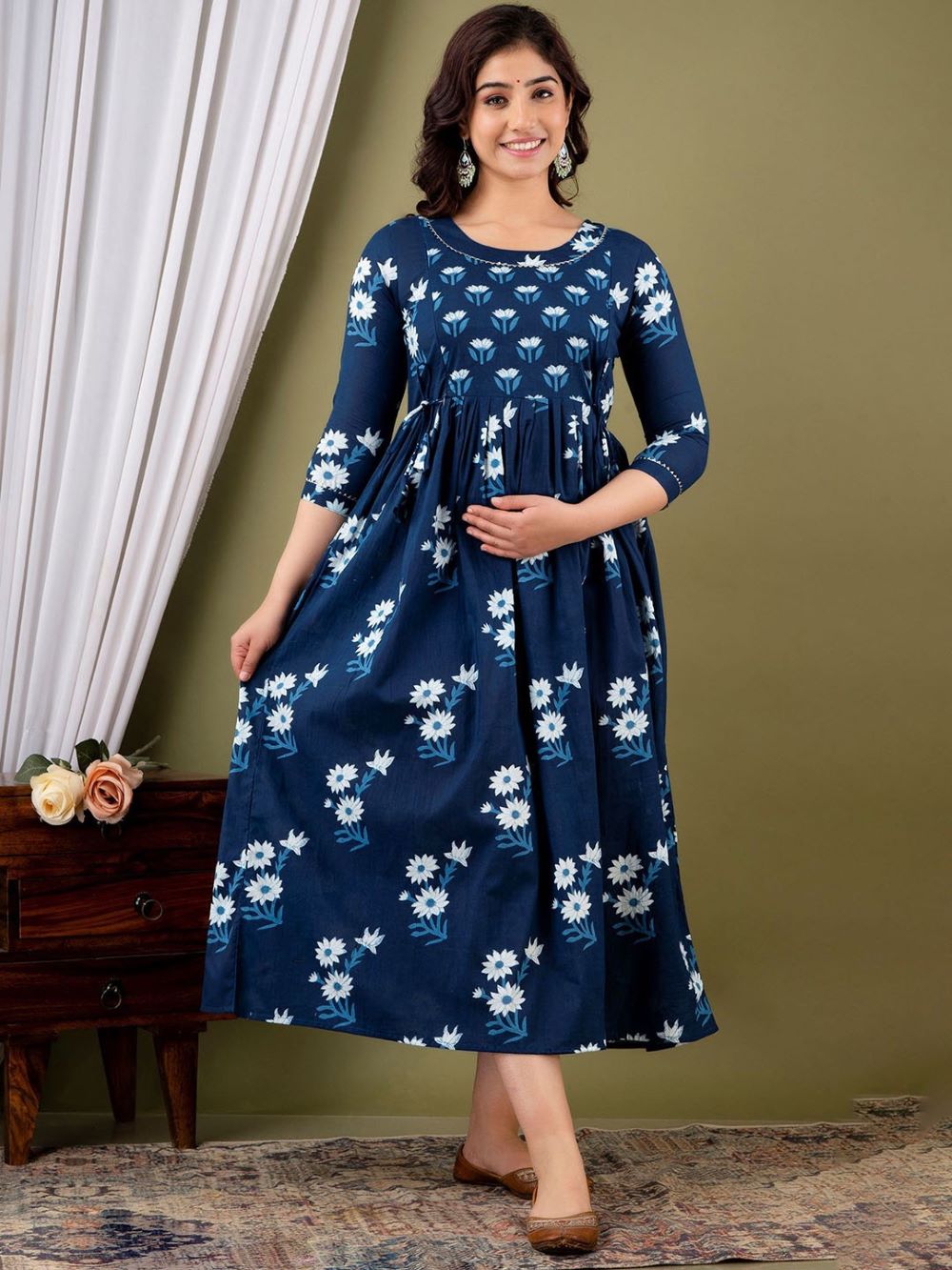 Mitali Stunning Floral Printed Round Neck Cotton Fit & Flare Maternity Midi Dress