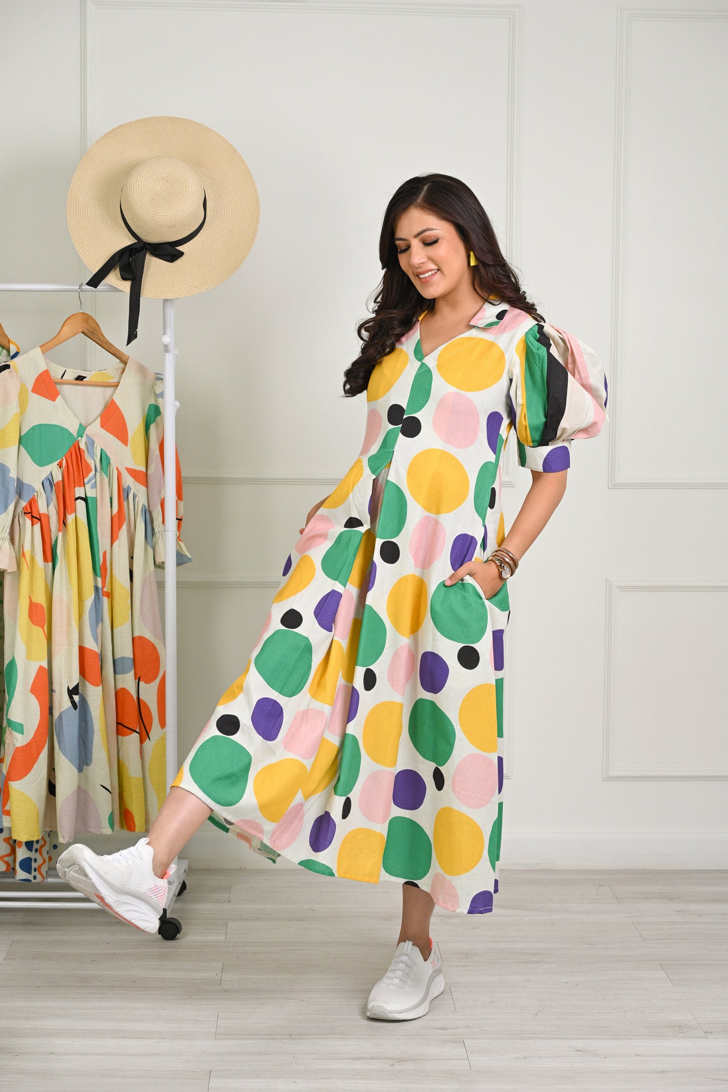 Bhavisha Quirky Prints Khadi cotton Midi Dress for Wedding and Festivals Kurtisthan