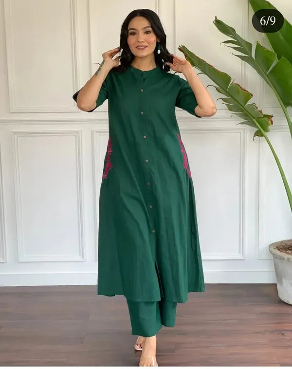 Pranita Dark Green Floral Embroidered South Cotton Kurta and Palazzo Set with two Side Pocket Kurtisthan