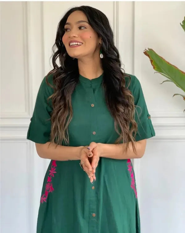 Pranita Dark Green Floral Embroidered South Cotton Kurta and Palazzo Set with two Side Pocket Kurtisthan